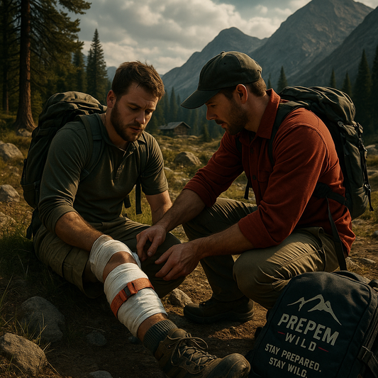 Two hikers in the mountains performing wilderness first aid for an open leg fracture using bandages and a PrepEM Wild Essentials Pro Kit with visible logo; outdoor trauma care scene under natural light