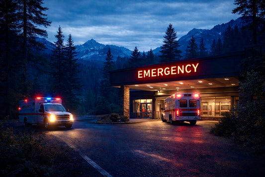 Rural emergency department showing what a healthcare desert is, delayed emergency response and the need for wilderness emergency preparedness