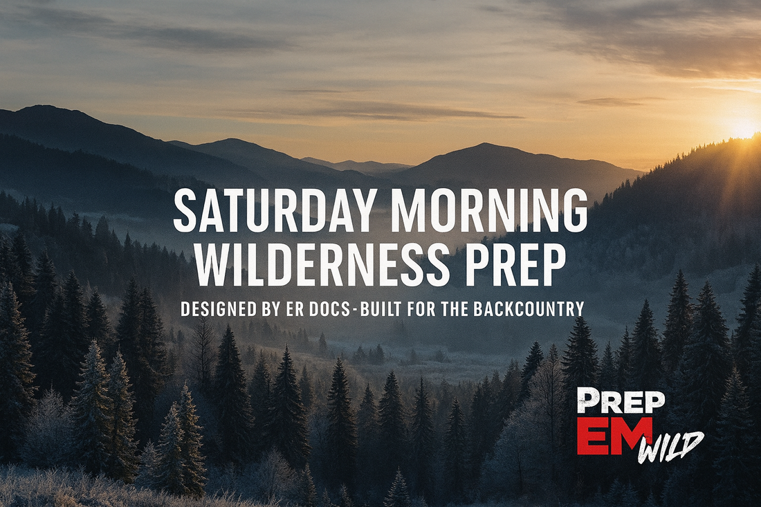 “Rugged dawn wilderness landscape with frosted pines and mountain ridgeline used for PrepEM Wild’s Saturday Morning Wilderness Prep blog. Backcountry survival branding with PrepEM Wild logo.”