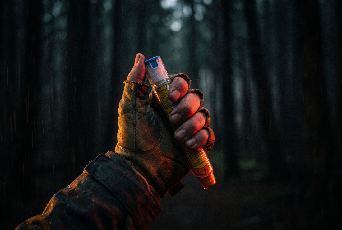 Wilderness first responder administering an EpiPen auto-injector in a dark forest - anaphylaxis field treatment guide 
