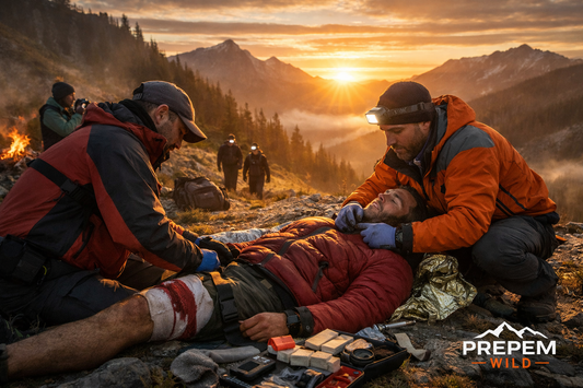 Outdoor emergency scene in remote wilderness during sunrise with injured hiker receiving first aid, illustrating the Golden Hour concept in wilderness medicine.