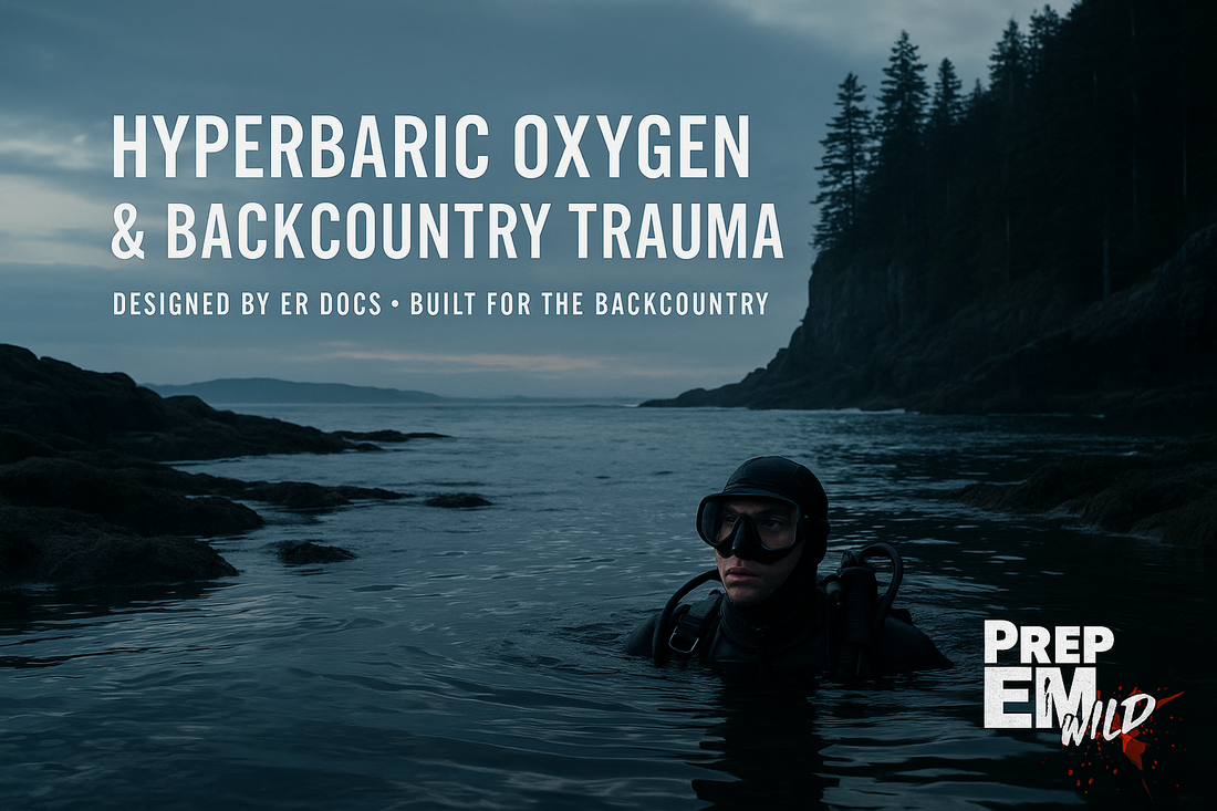 “Coastal wilderness scene with diver emerging from cold water and PrepEM Wild branding. Outdoor survival imagery representing hyperbaric oxygen therapy, diving injuries, and backcountry trauma.”