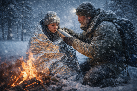 outdoorsman is rendering aide to an outdoorsman woman in a cold environment. scene depicting hypothermia rescue 