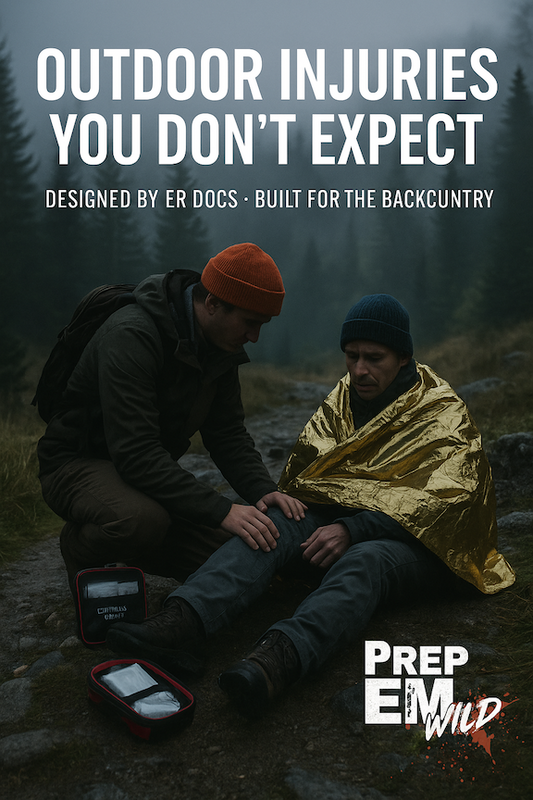 “Hiker using PrepEM Wild Essentials Pro Kit to treat injured partner on mountain trail — educational wilderness first-aid scene.”