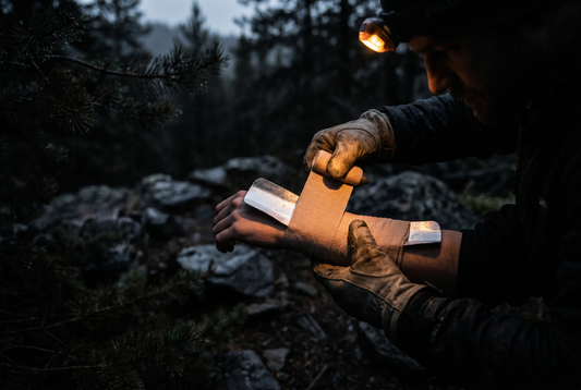 Wilderness first aid - person applying a moldable splint to a wrist injury in a forest, PrepEM Wild field guide 