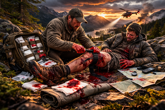 Wilderness trauma scene showing tourniquet application in remote mountain setting