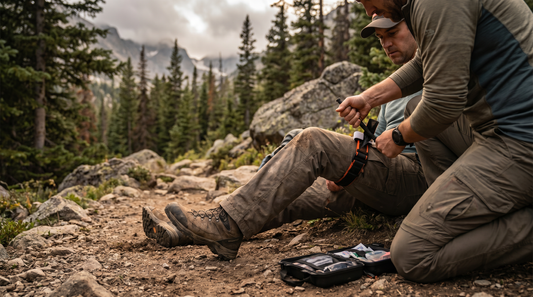 Hiker applying a tourniquet high on the upper leg of an injured trail companion on a Rocky Mountain trail, black medical kit open beside them 