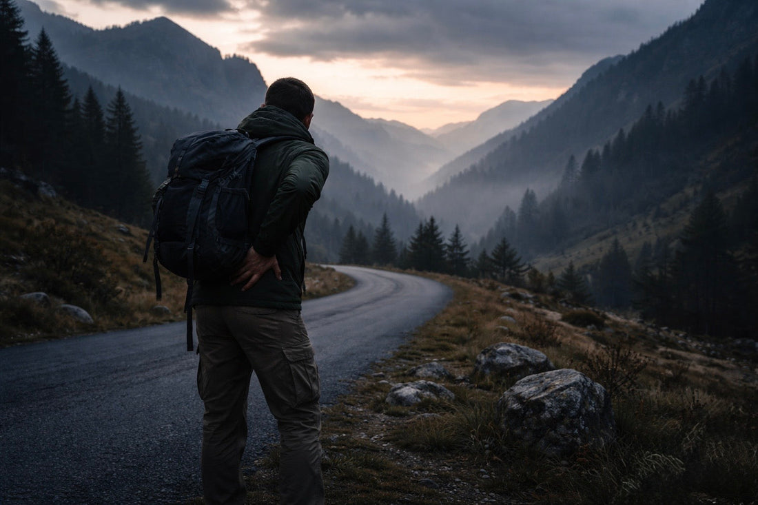 Lower back pain warning signs illustrated in a remote wilderness setting with PrepEM Wild branding