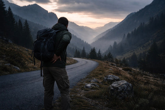 Lower back pain warning signs illustrated in a remote wilderness setting with PrepEM Wild branding