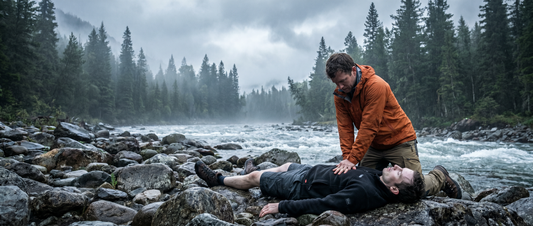 Hiker performing rescue breathing on a drowning victim pulled from a cold mountain lake, black PrepEM Wild med kit open on the rocky shore