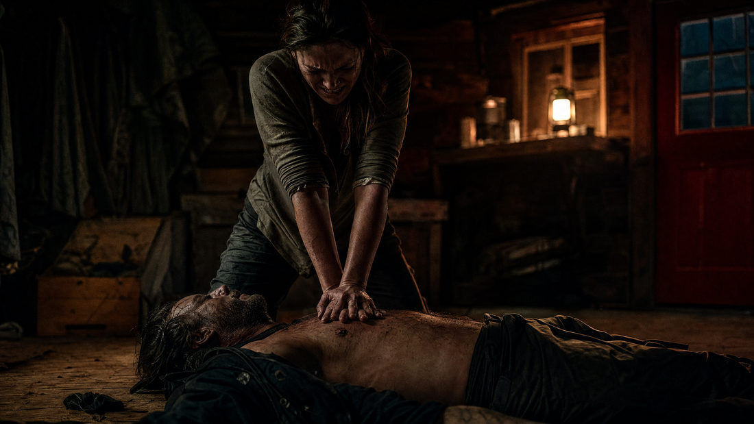 Person performing CPR chest compressions on an adult lying on a cabin floor — real-life wilderness emergency medicine, PrepEM Wild