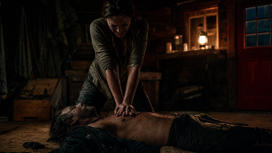 Person performing CPR chest compressions on an adult lying on a cabin floor — real-life wilderness emergency medicine, PrepEM Wild