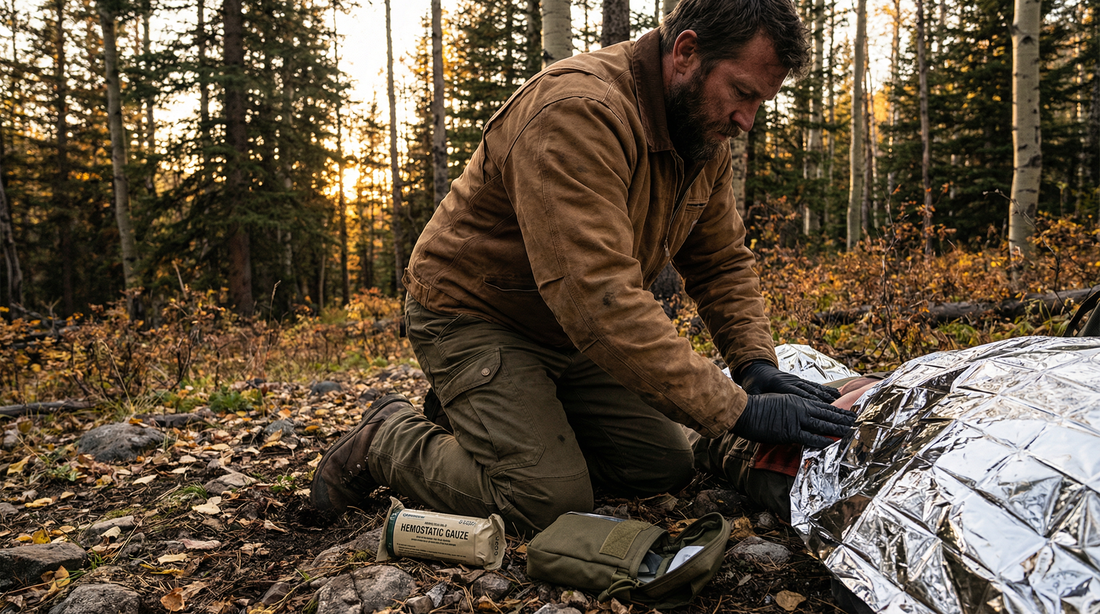 A wilderness first responder demonstrating wound packing with hemostatic gauze for a junctional hemorrhage.