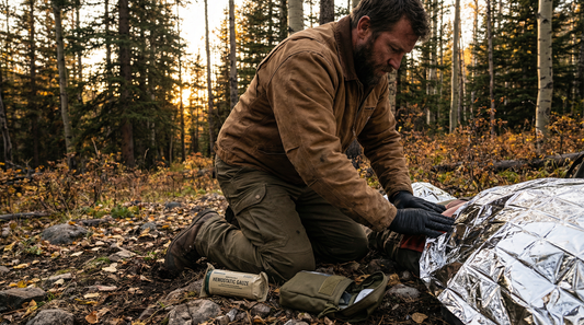 A wilderness first responder demonstrating wound packing with hemostatic gauze for a junctional hemorrhage.