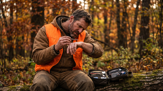 A hunter performing a tick check on his leg in the wilderness, emphasizing the importance of tick-borne illness prevention.