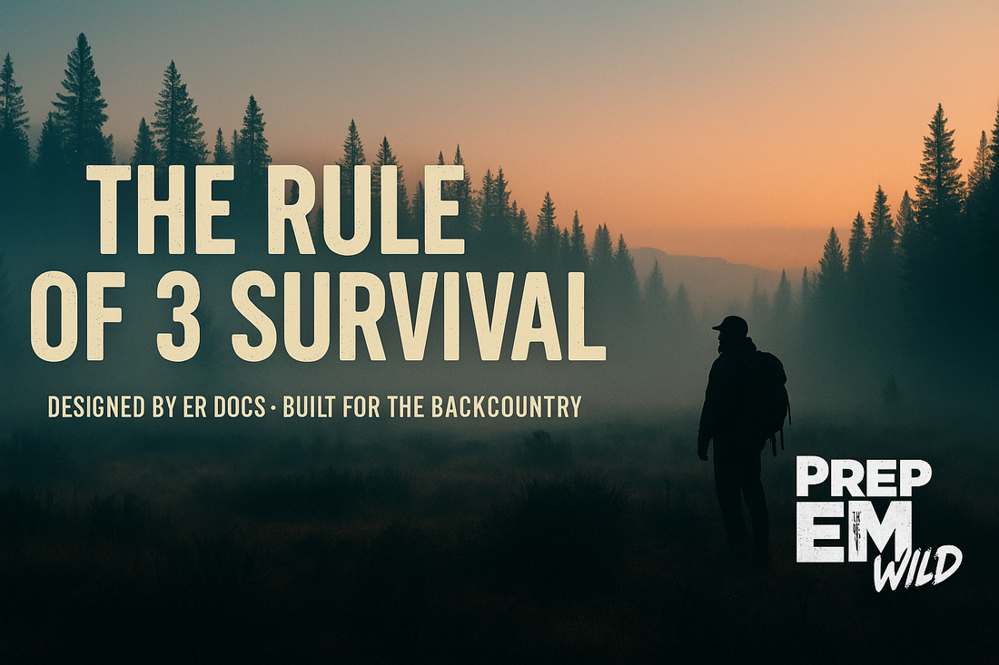 Rugged wilderness dawn scene with hunter silhouette and PrepEM Wild logo. Hero image for Rule of 3 survival blog by ER doctors.