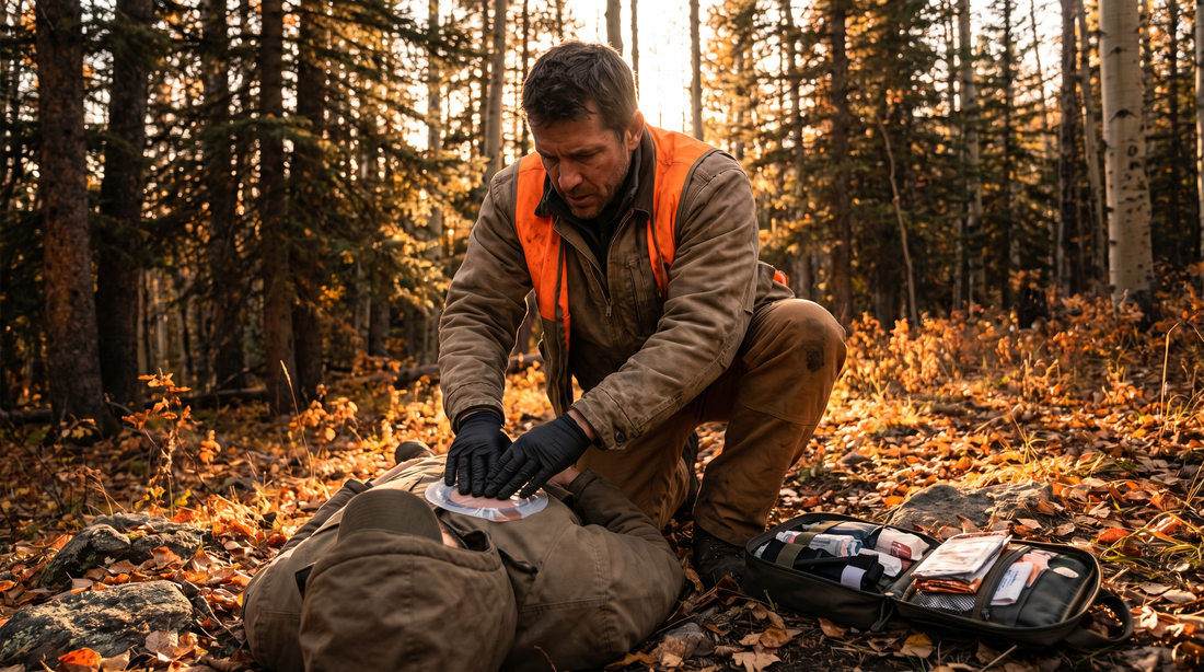 A wilderness first responder applying a vented chest seal to a casualty with chest trauma in the field.